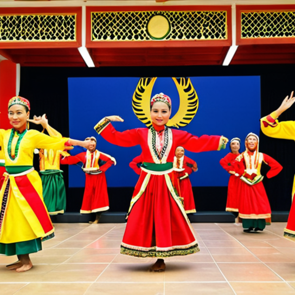 **Cultural Dance Performance**: Create an image of a traditional dance performance in Brunei, featuring dancers dressed in colorful costumes. The background should depict a vibrant atmosphere filled with cultural elements, showcasing the beauty of Brunei's heritage.