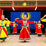 **Cultural Dance Performance**: Create an image of a traditional dance performance in Brunei, featuring dancers dressed in colorful costumes. The background should depict a vibrant atmosphere filled with cultural elements, showcasing the beauty of Brunei's heritage.