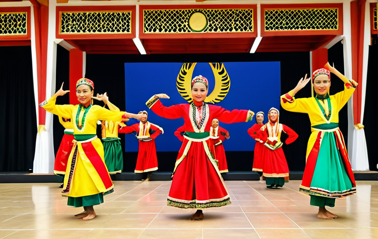 **Cultural Dance Performance**: Create an image of a traditional dance performance in Brunei, featuring dancers dressed in colorful costumes. The background should depict a vibrant atmosphere filled with cultural elements, showcasing the beauty of Brunei's heritage.