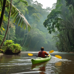 A serene and immersive view of a person kayaking silently through the lush, misty rainforest of Brunei. The scene emphasizes untouched nature, with ancient trees, a winding river reflecting soft sunlight, and a subtle glimpse of proboscis monkeys in the dense foliage, conveying a feeling of digital detox and deep tranquility. Cinematic, natural light, rich greens and earthy tones.