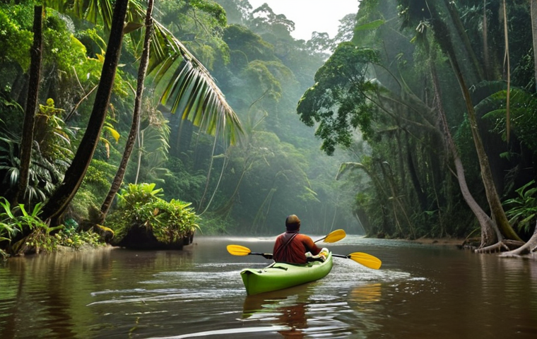 A serene and immersive view of a person kayaking silently through the lush, misty rainforest of Brunei. The scene emphasizes untouched nature, with ancient trees, a winding river reflecting soft sunlight, and a subtle glimpse of proboscis monkeys in the dense foliage, conveying a feeling of digital detox and deep tranquility. Cinematic, natural light, rich greens and earthy tones.